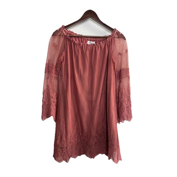 Rustic Women's Muave Fairy Lace Overlay Tunic Off-Shoulder Size M Bell‎ Sleeves - Picture 1 of 11